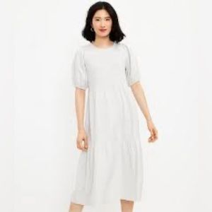 LOFT Puff Sleeve Tiered Midi Grey Long Dress